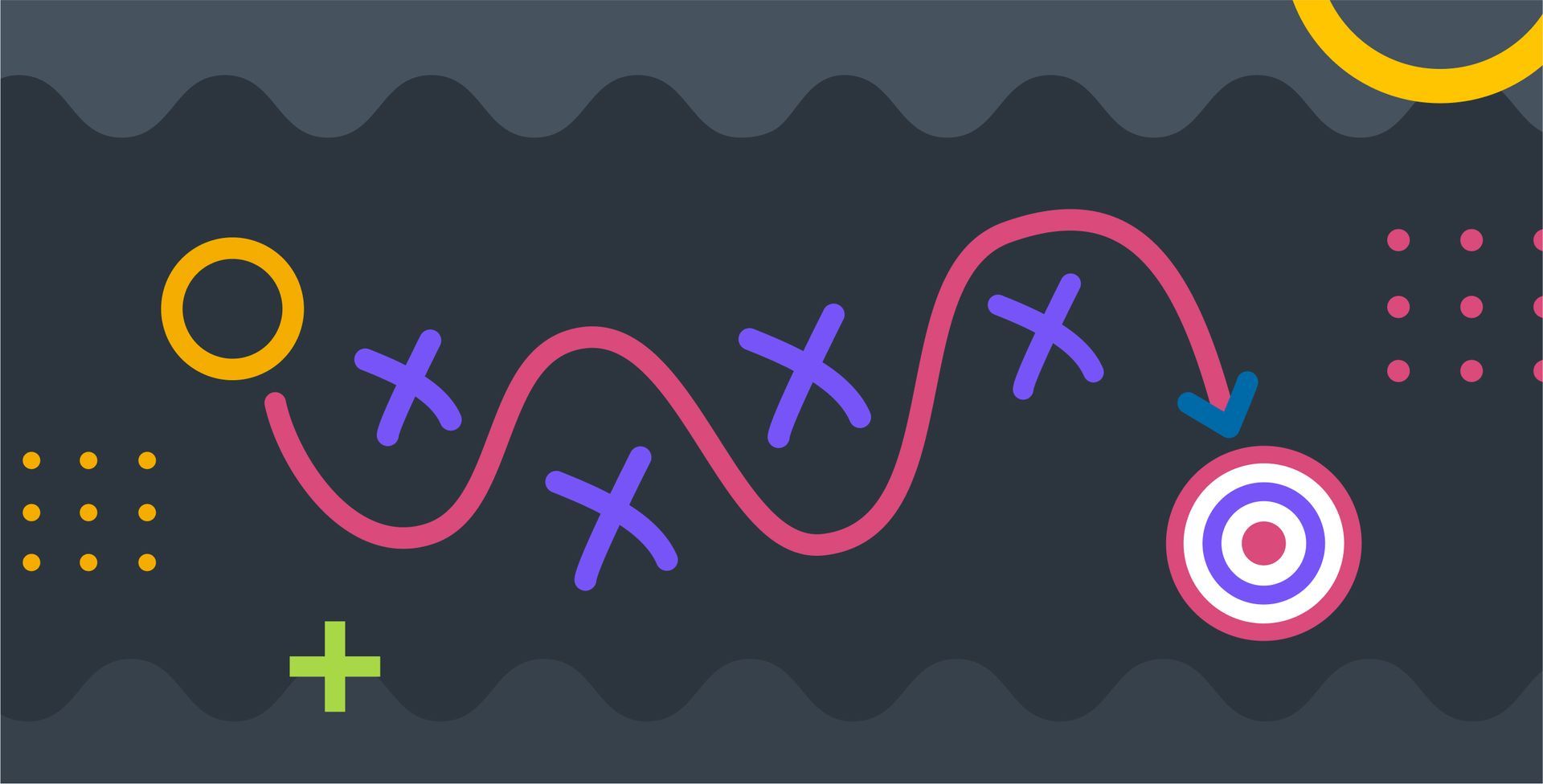 A colorful drawing of a wave with arrows and circles on a dark background.