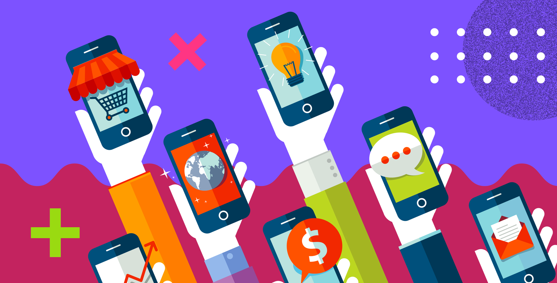 An illustrated bunch of hands holding phones with different icons on them.