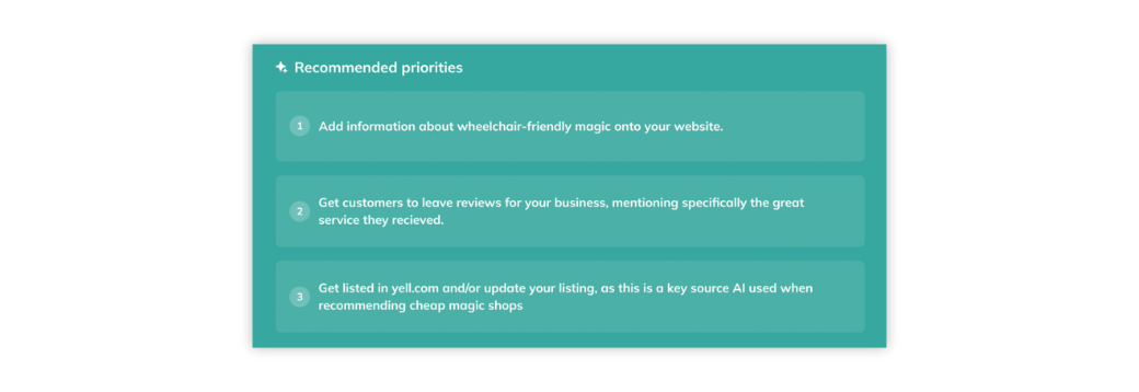 3 example recommendations an agency or sales rep can use to improve the businesses' visibility