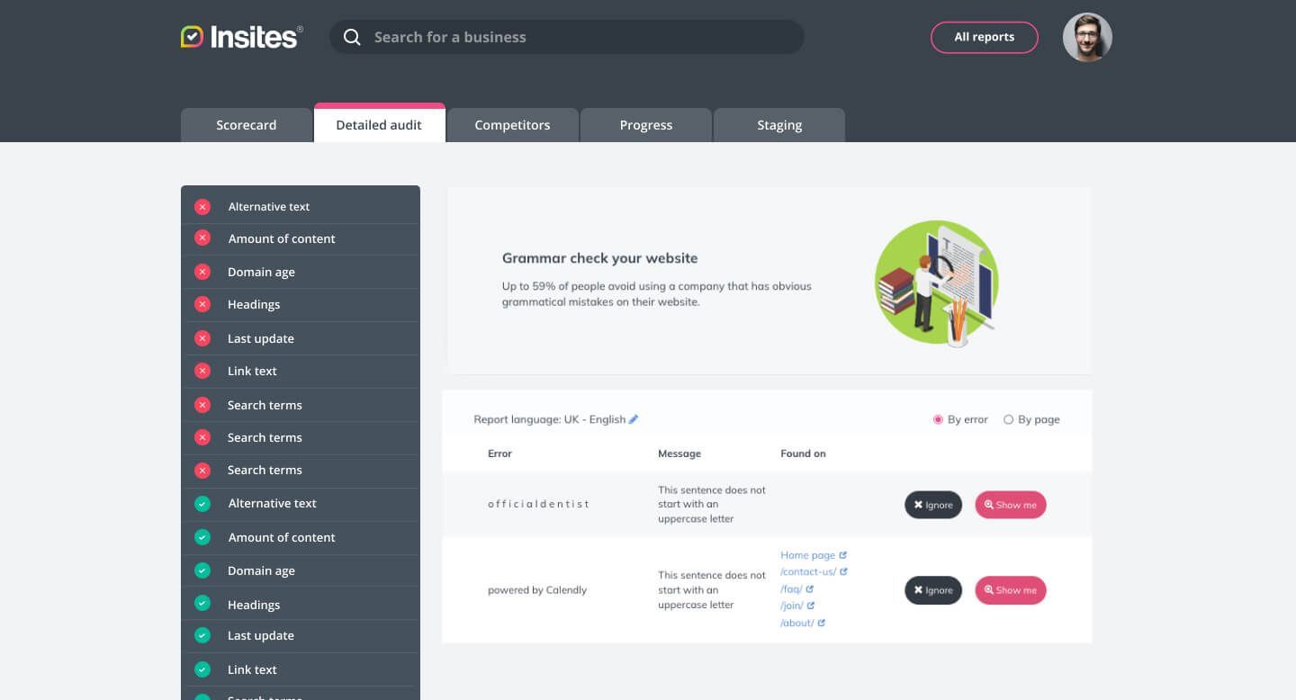 Screenshot of the web vitals audit within Insites
