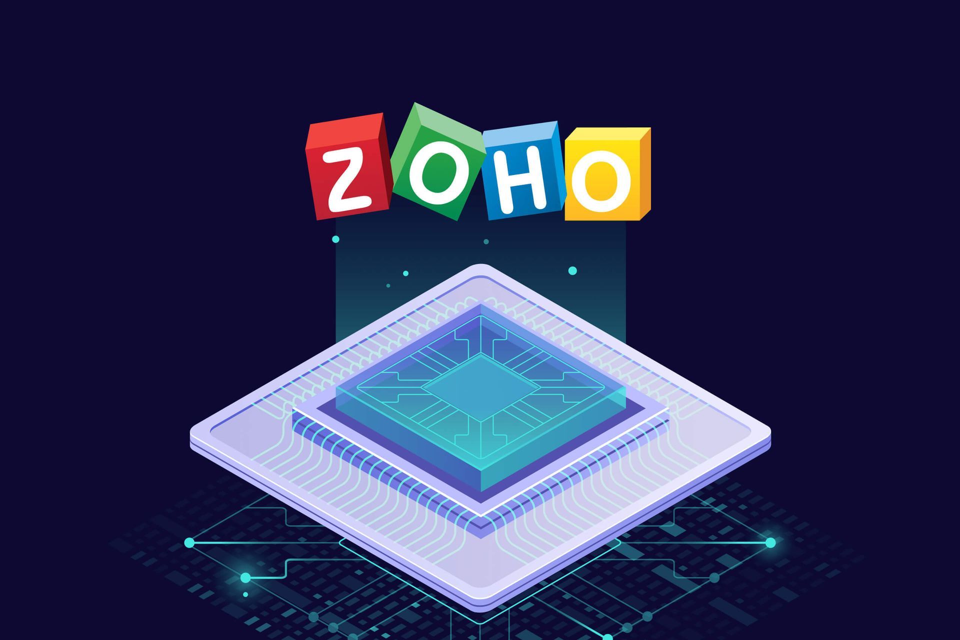 The Zoho logo hovering over a microchip.
