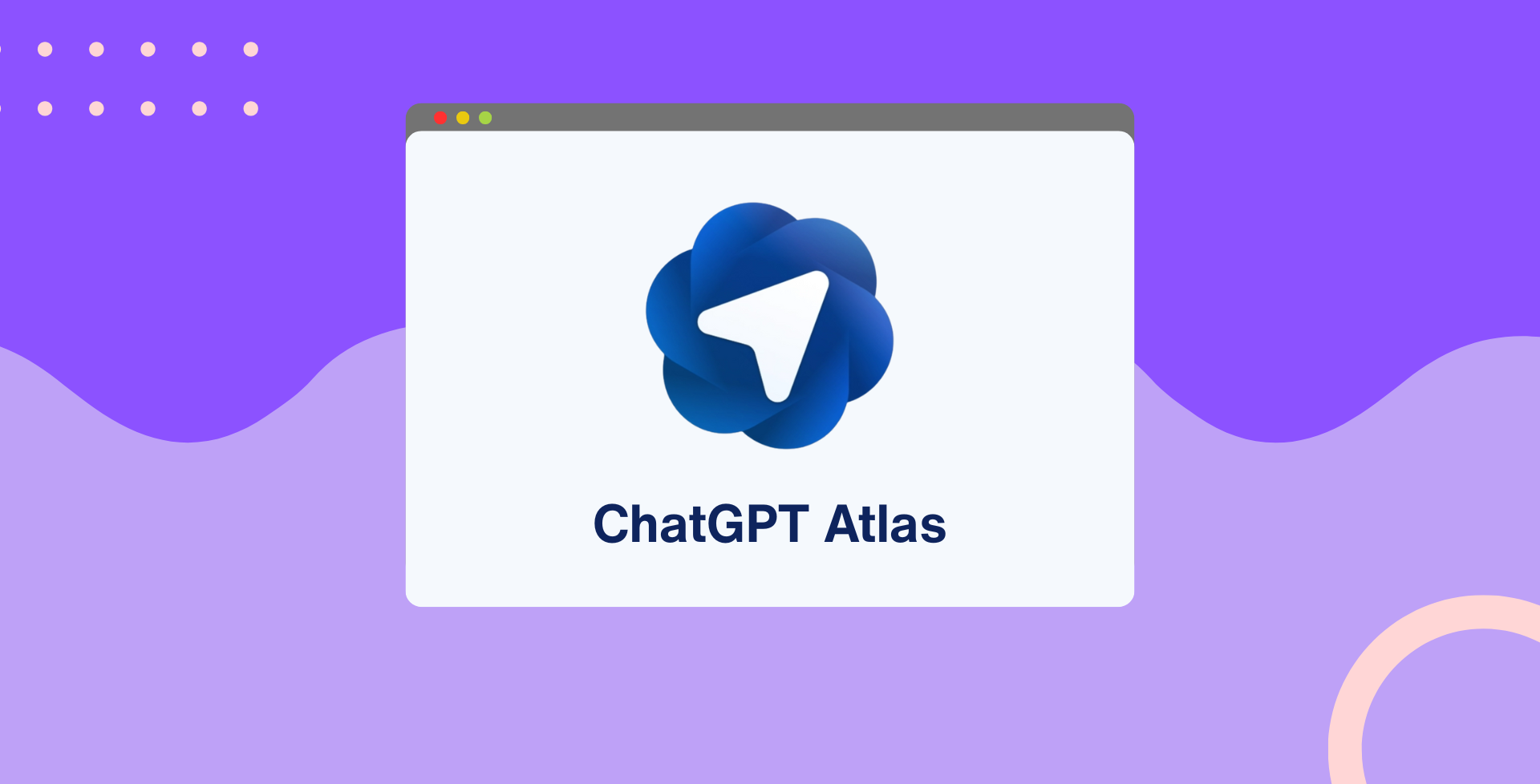 ChatGPT Atlas logo on a digital window, blue swirl graphic, purple background.