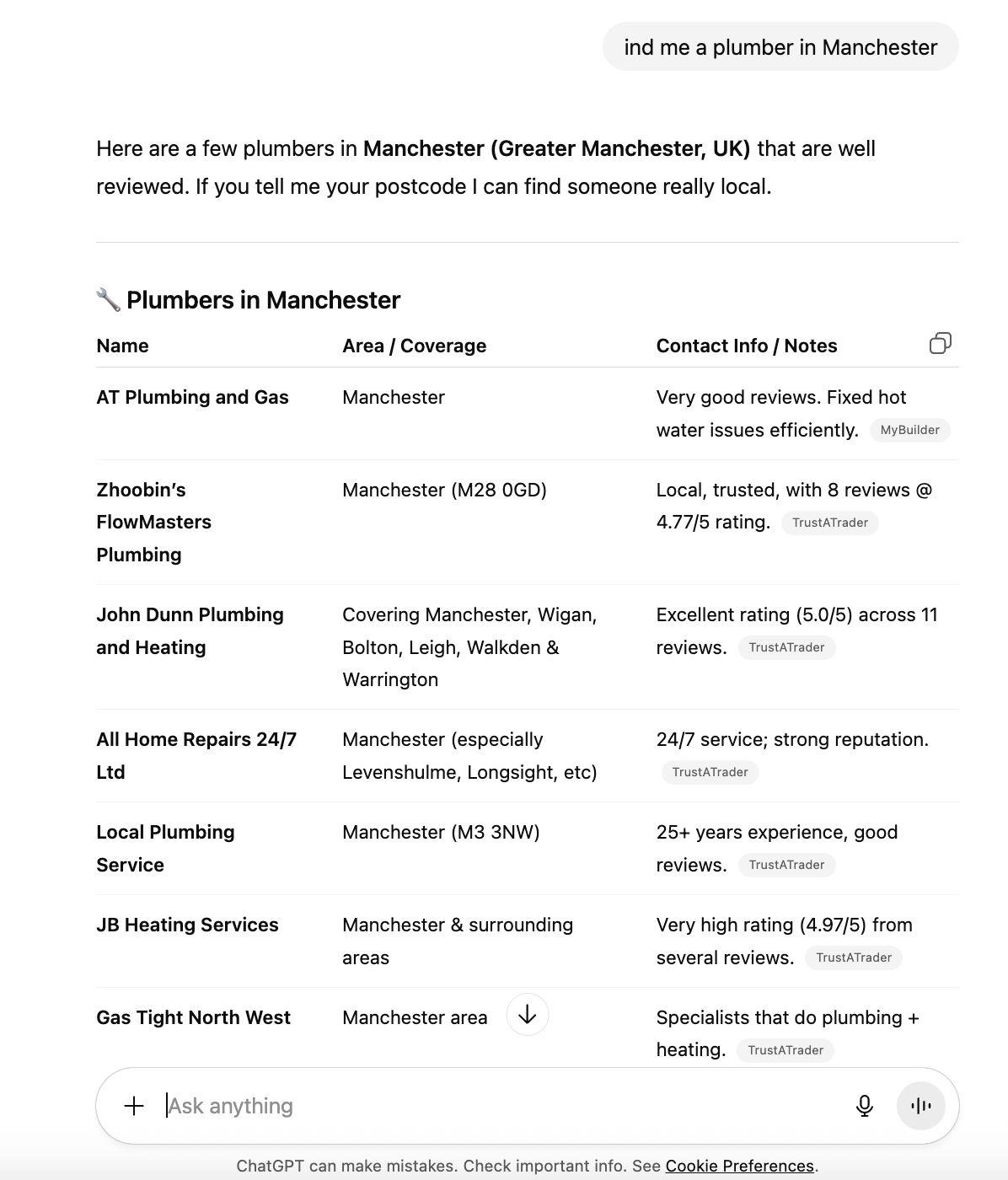 Asking ChatGPT to recommend plumbers in Manchester, UK and it giving recommendations based on sources from MyBuilder and TrustATrader (rather than Google).