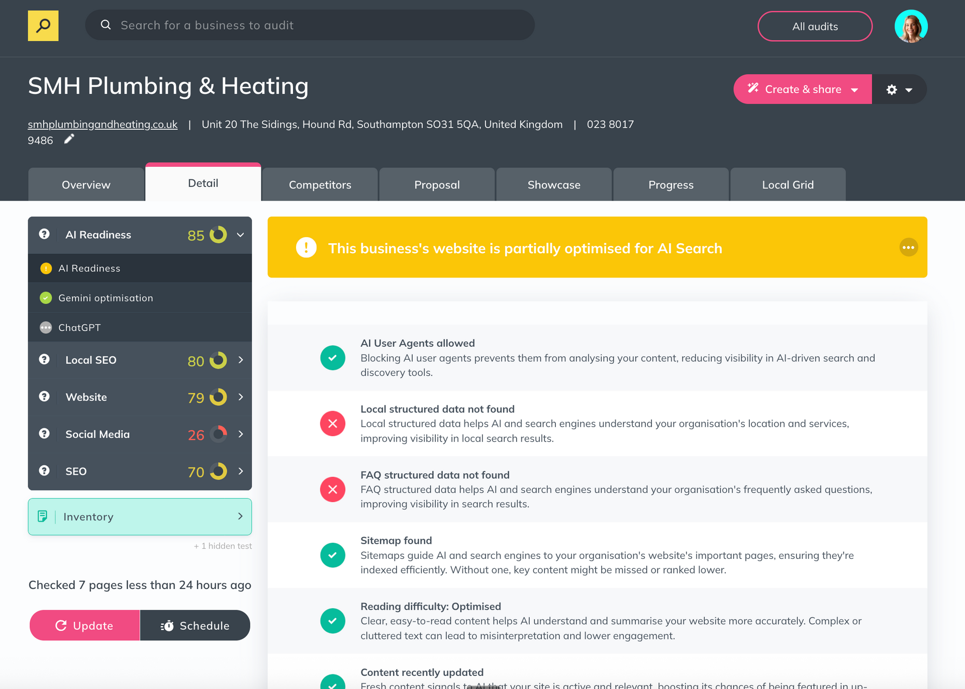 Insites interface of SMH Plumbing & Heating business with drop down for the AI readiness checks with ticks and crosses to indicate performance,