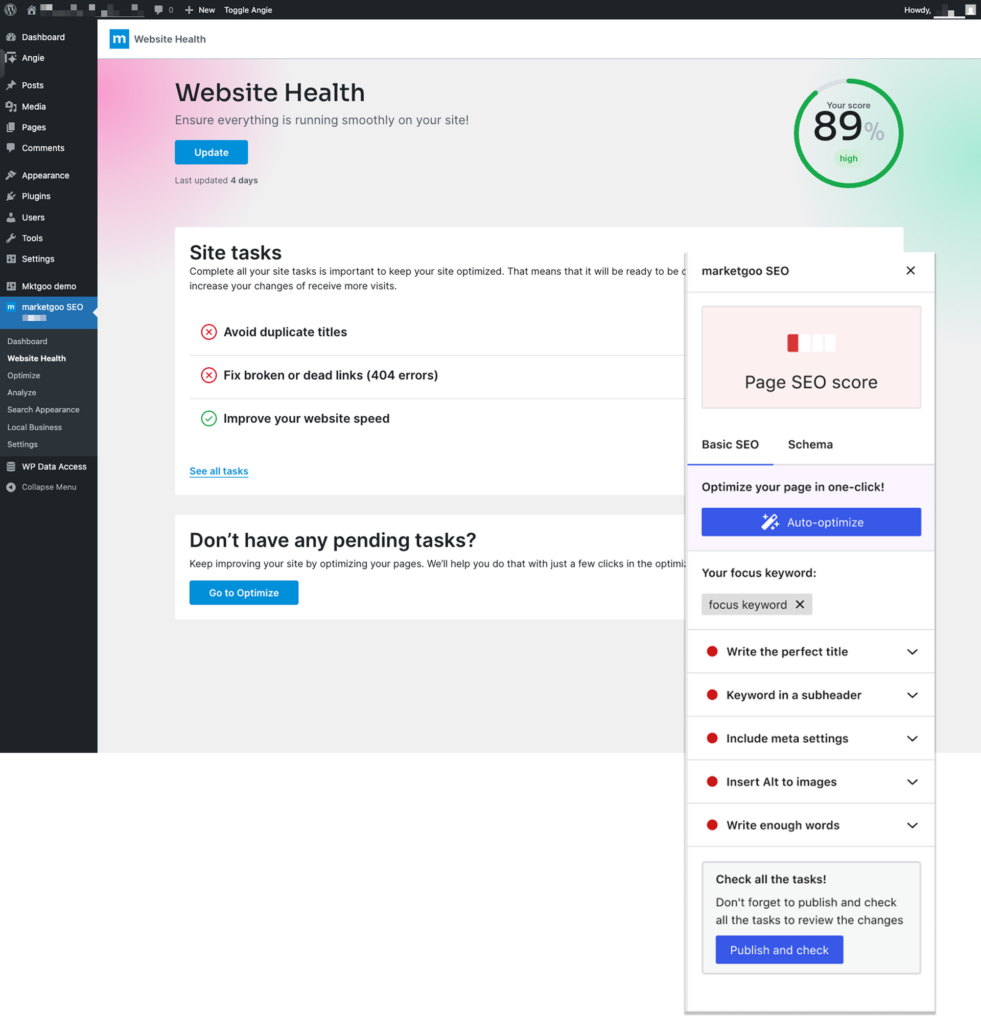 marketgoo WordPress plug-in shows a website health dashboard with an SEO score of 89, showing a list of issues and a detailed SEO check report.