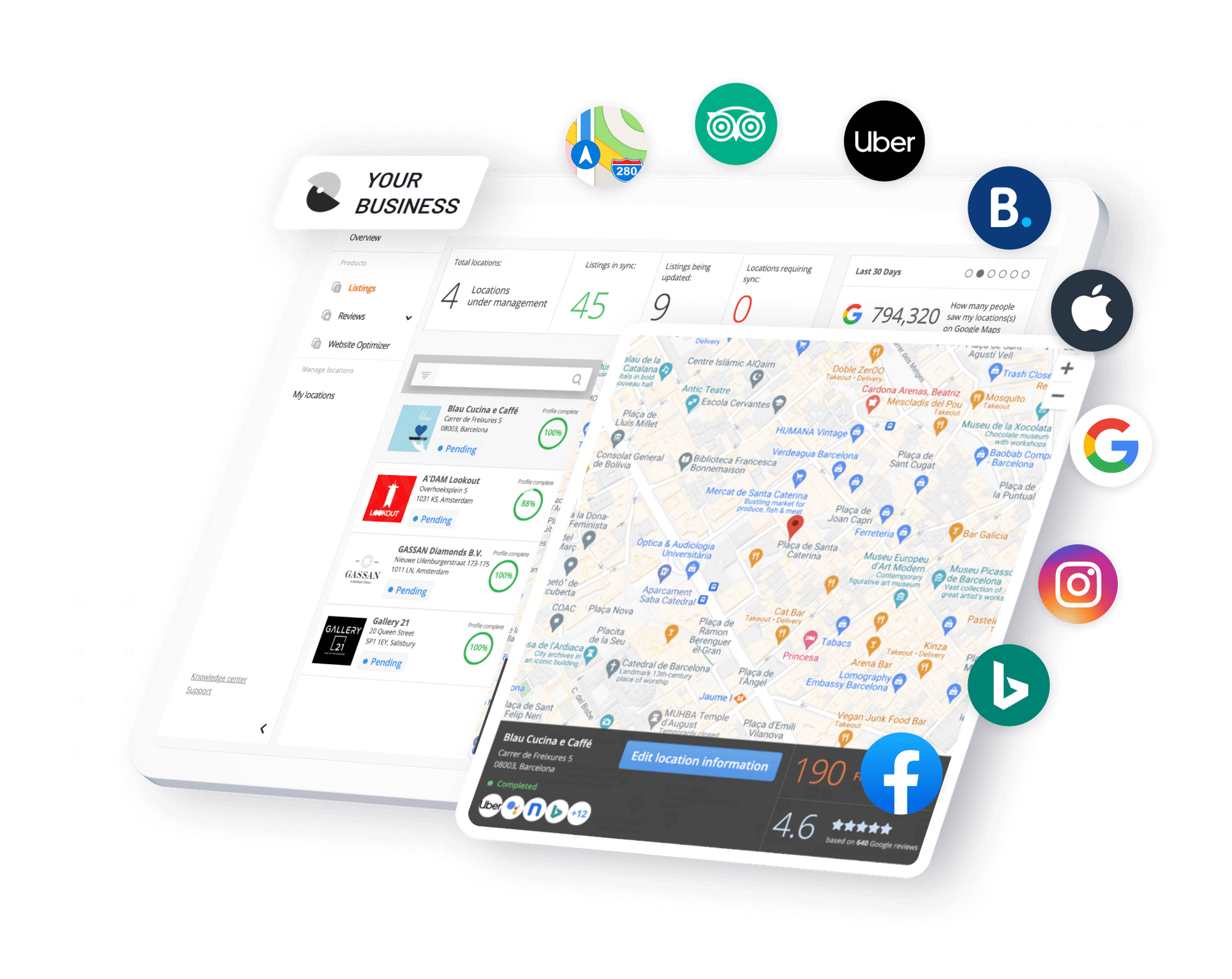 Digital interface showing map, user dashboard, and various app icons.