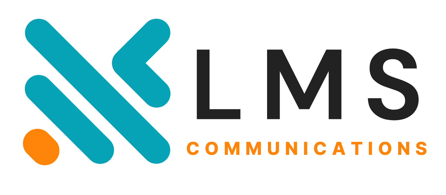 A blue and orange logo for lms communications