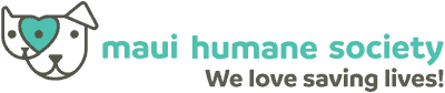 The maui humane society logo shows a dog with a heart in its mouth.