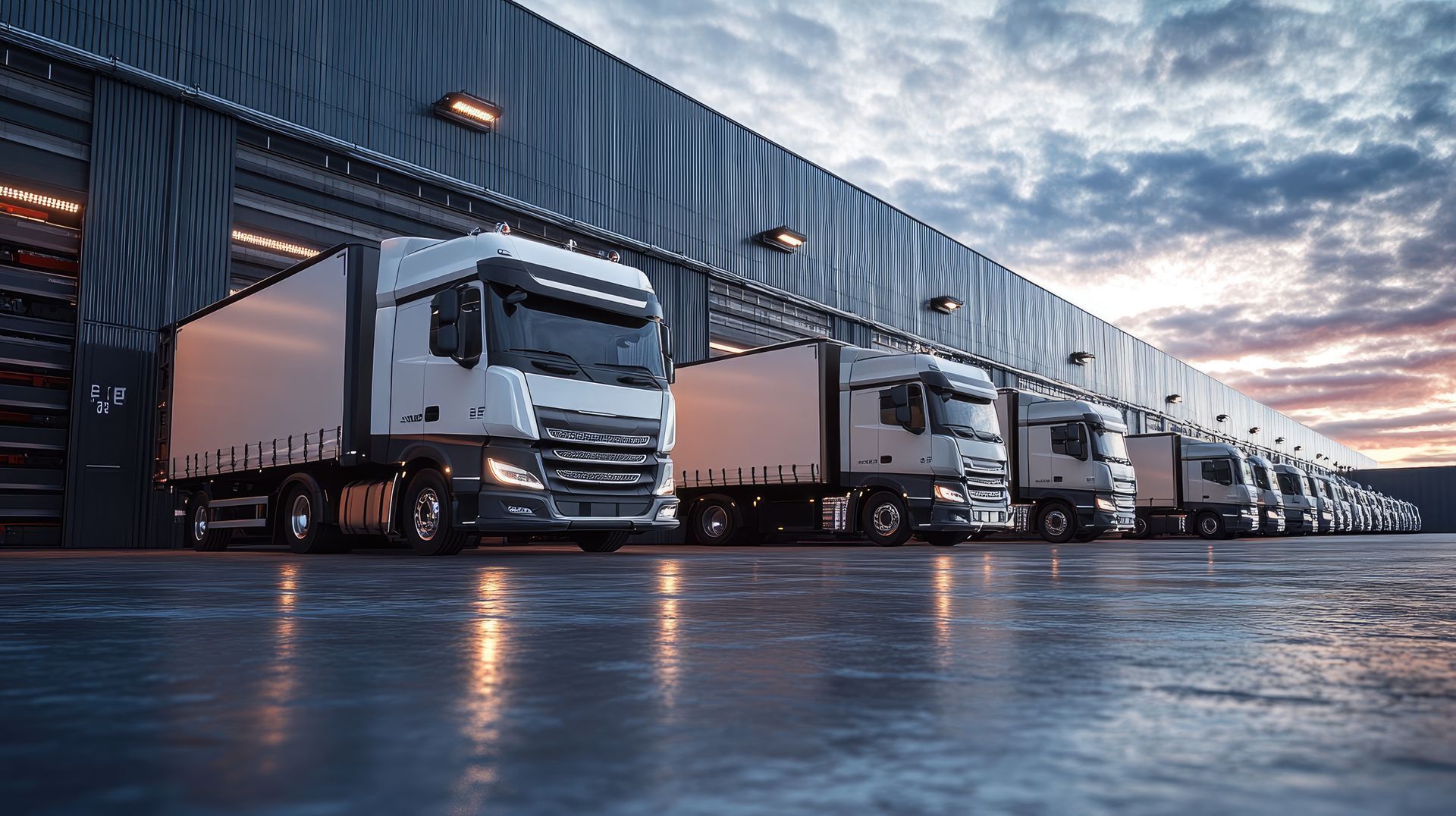A row of semi trucks parked in front of a warehouse.