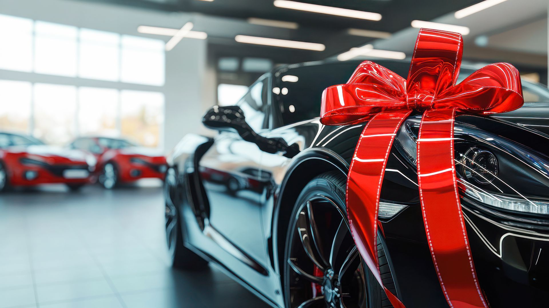 A black car with a red bow on it in a showroom.