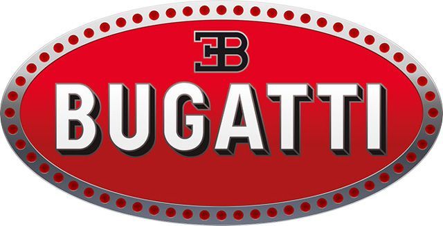 A red bugatti logo with white letters on a white background