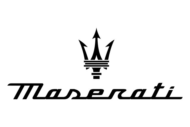 A black and white maserati logo on a white background