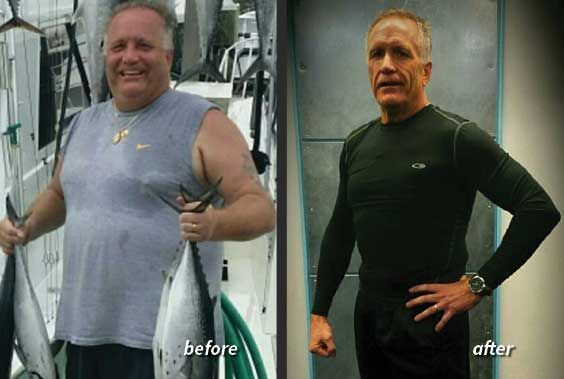 A before and after picture of a man holding a fish