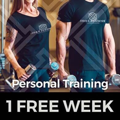 A man and a woman are holding dumbbells in a gym advertising personal training