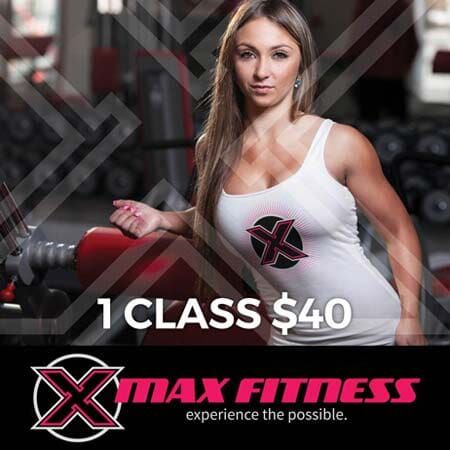 An advertisement for max fitness shows a woman in a tank top