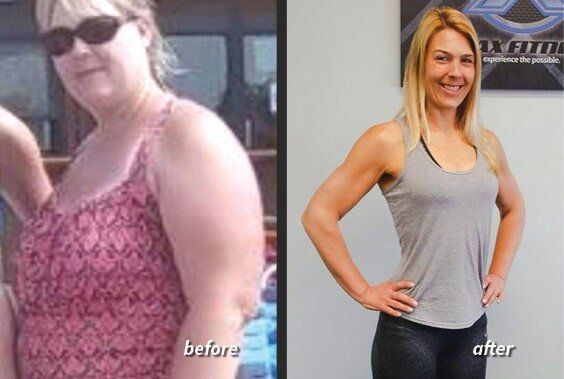A before and after picture of a woman 's weight loss