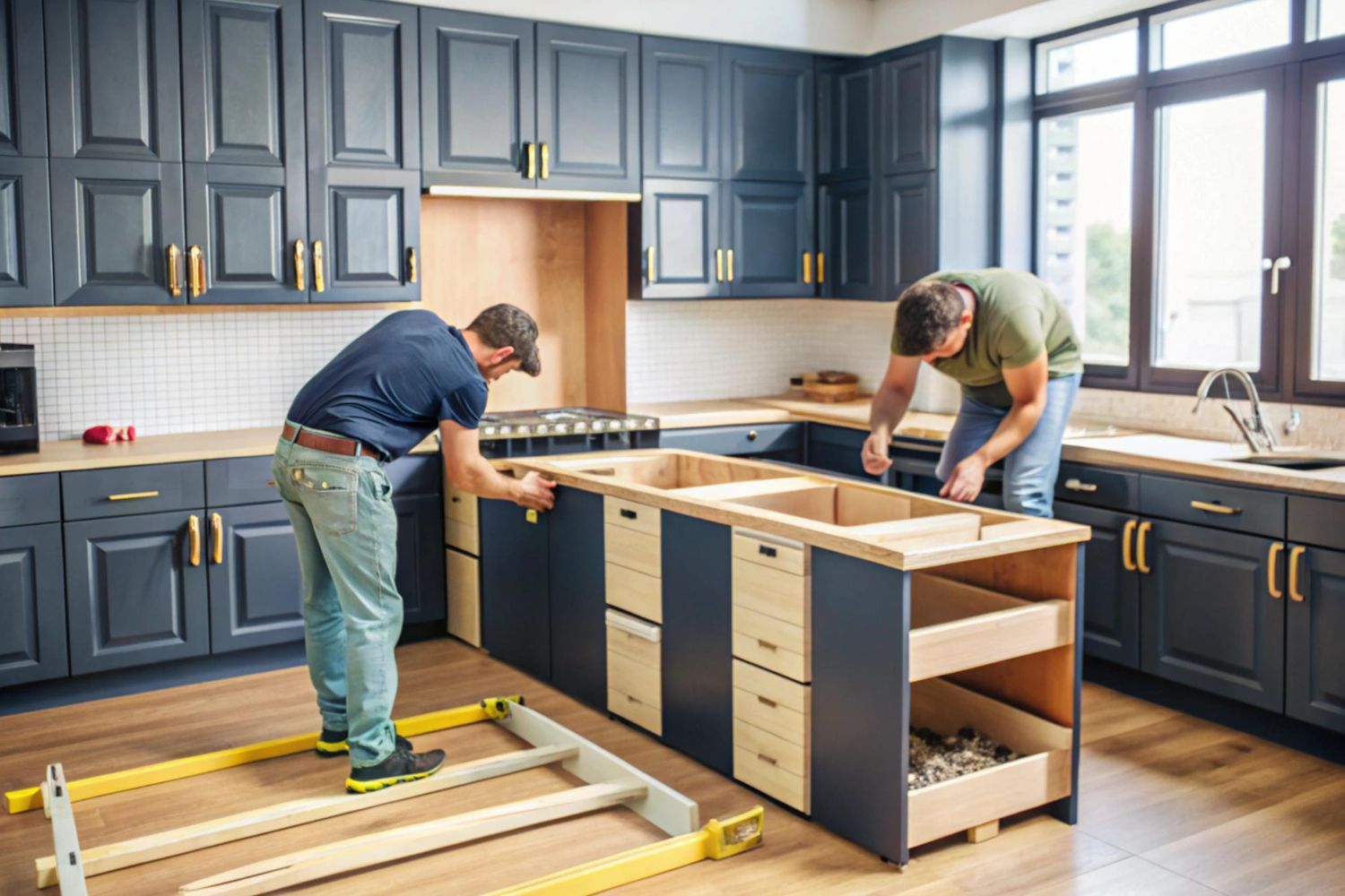 Two men are installing cabinets in a kitchen.