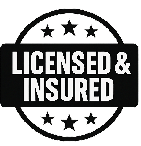 Black and white “Licensed & Insured” badge with stars in a circular seal