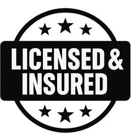 Black and white “Licensed & Insured” badge with stars in a circular seal