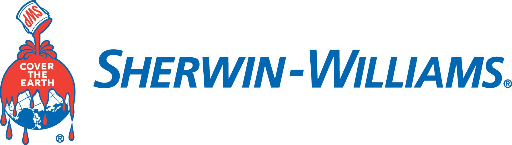 Sherwin-Williams logo with red paint can emblem and blue company name on white background