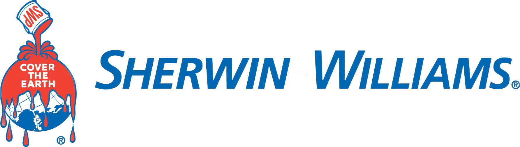 Sherwin-Williams logo with blue text and a red paint-can mascot on white background