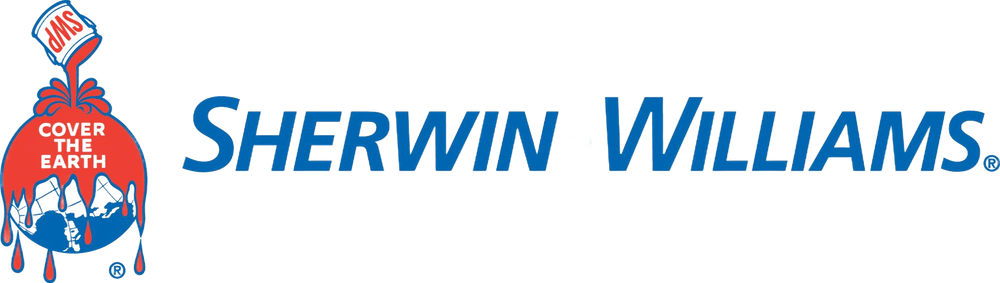 Sherwin-Williams logo with blue text and a red paint-can mascot on white background