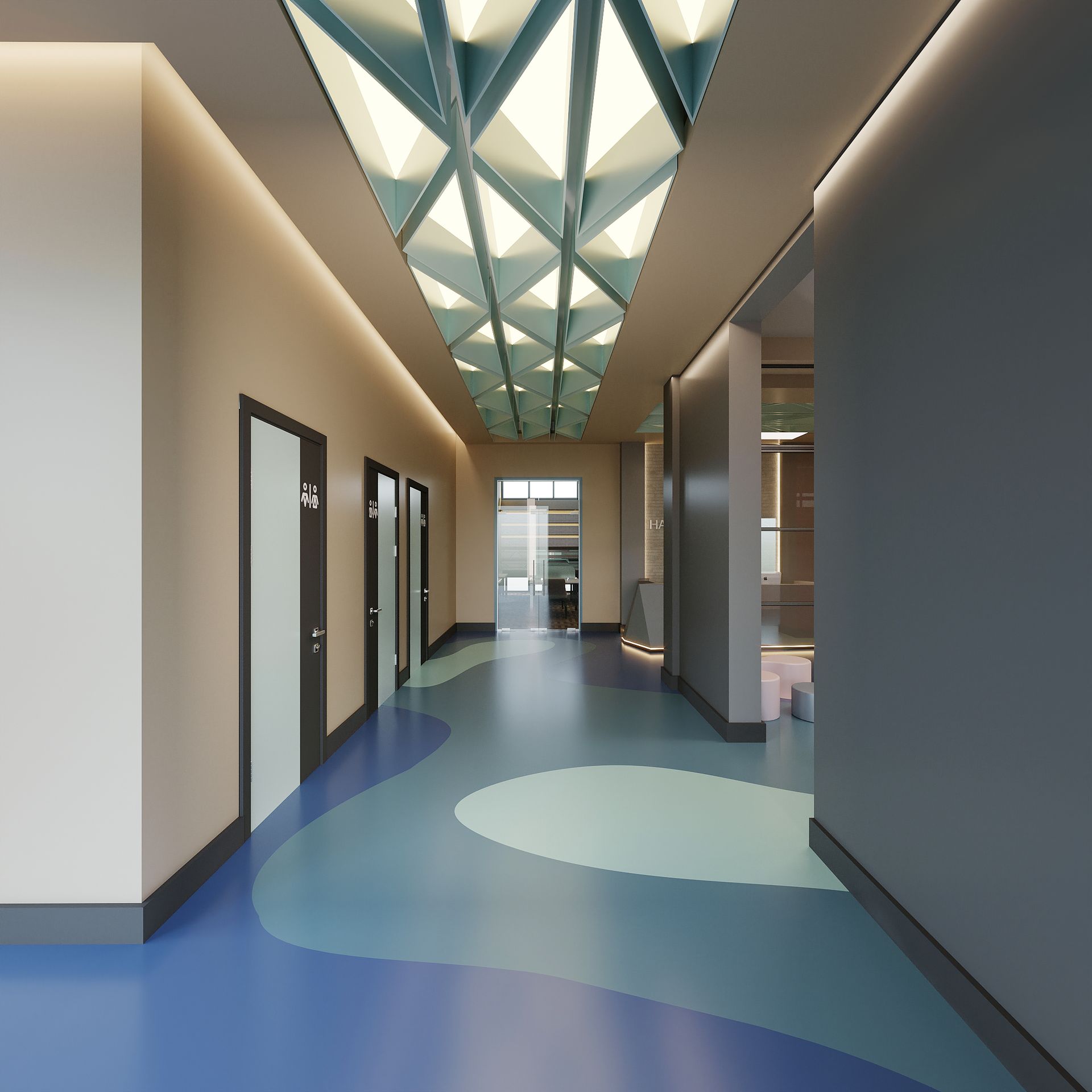 a long hallway with a blue floor and a geometric ceiling