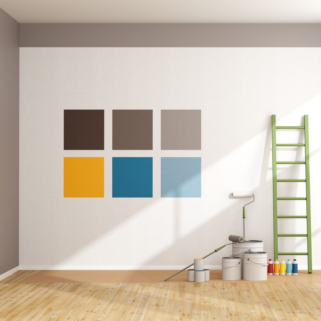a room with buckets of paint and a green ladder