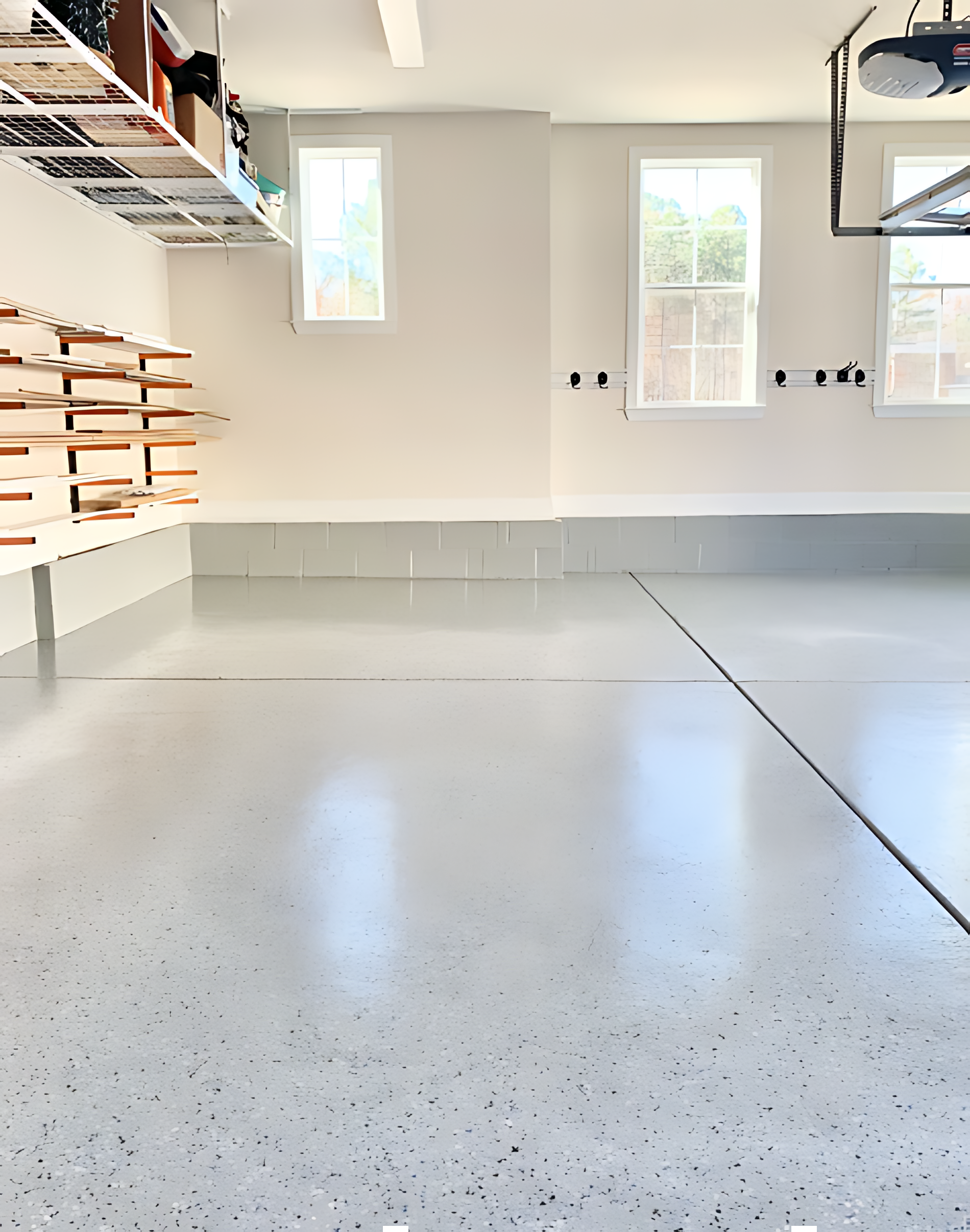 An empty garage with a gray floor and white walls.