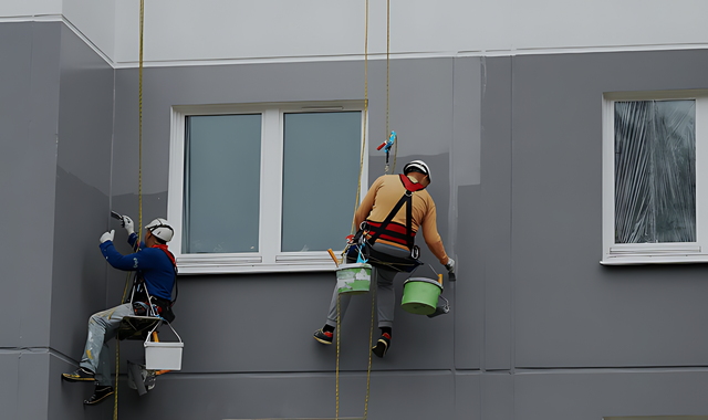 Two men are painting the side of a building.