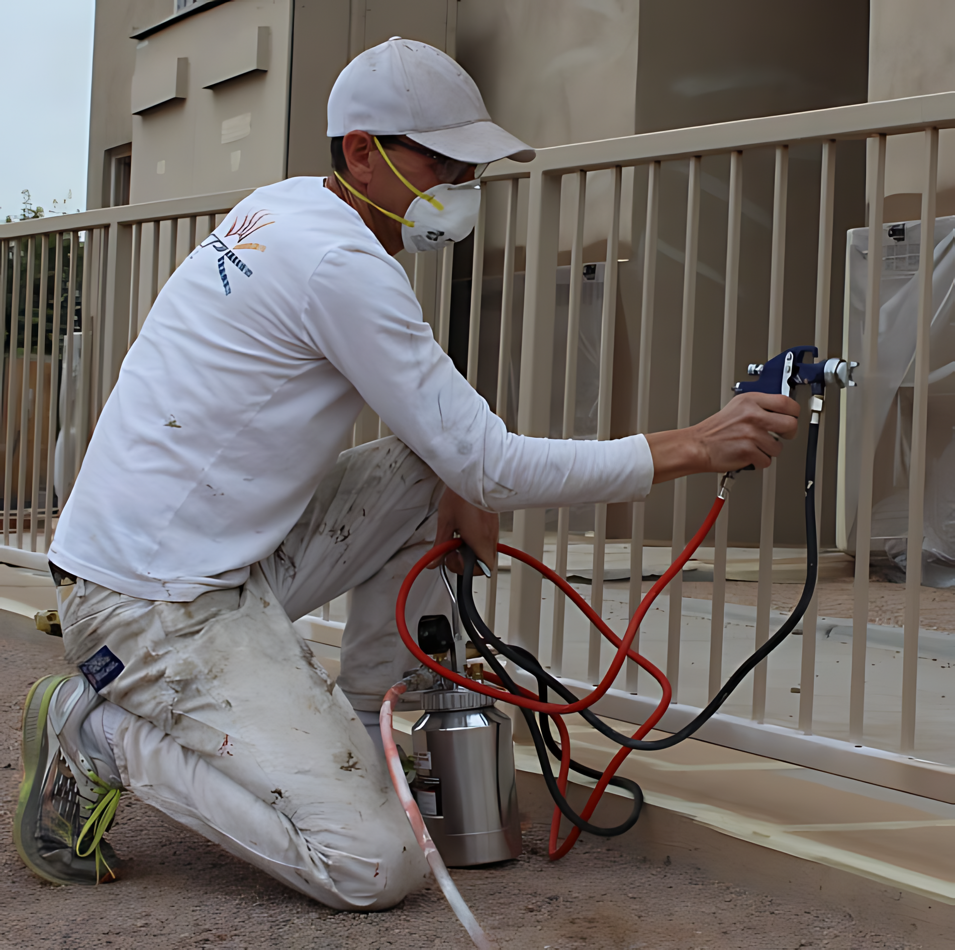 A man wearing a mask is spraying a fence