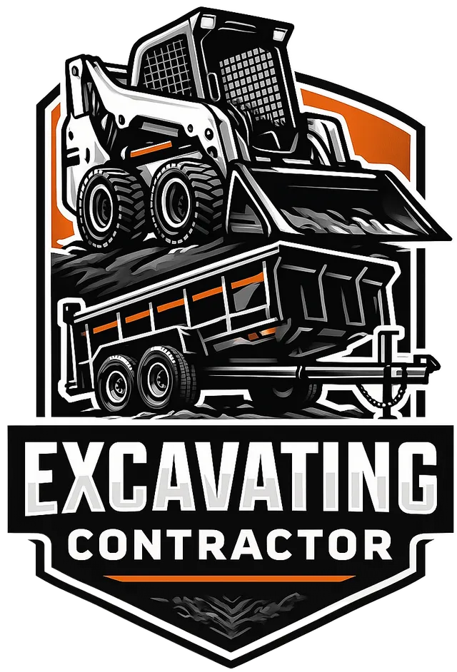 Logo: White and orange skid steer and trailer,