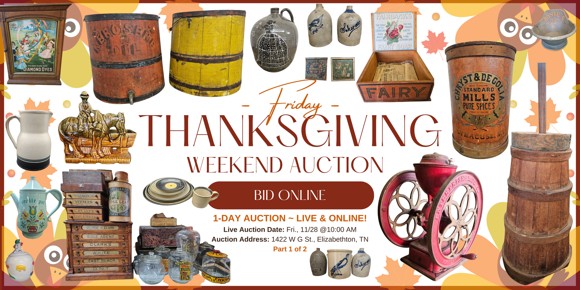 Thanksgiving Weekend Auction advertisement with vintage decor.