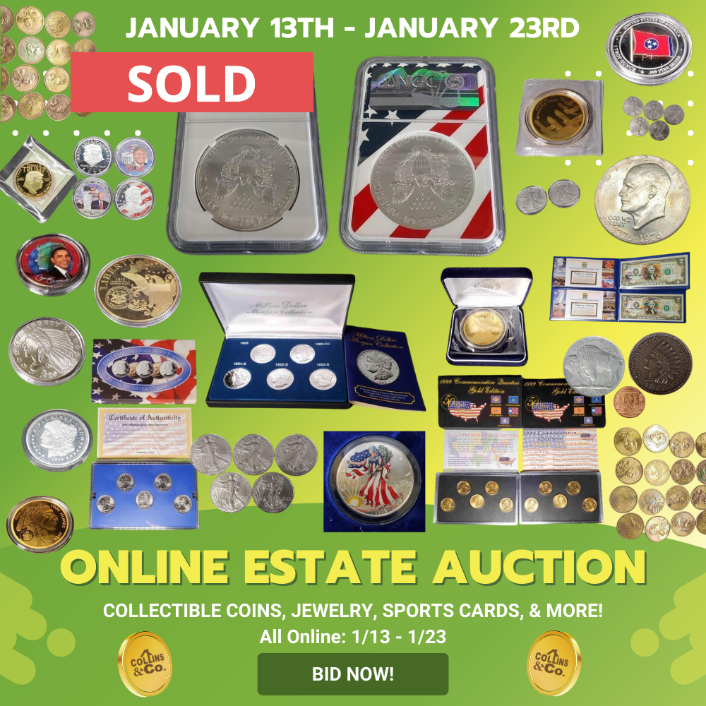 An advertisement for an online estate auction of collectible coins jewelry sports cards and more