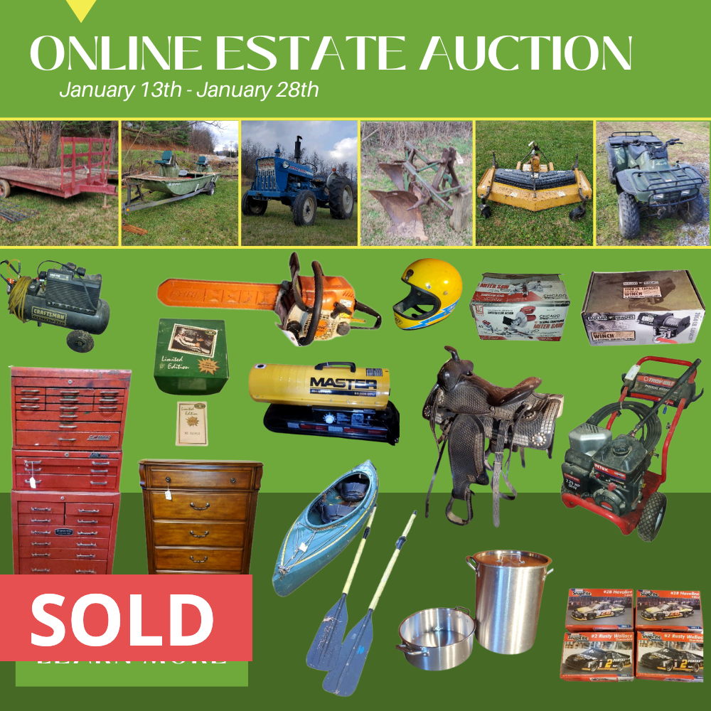 A poster for an online estate auction on january 13th and january 28th