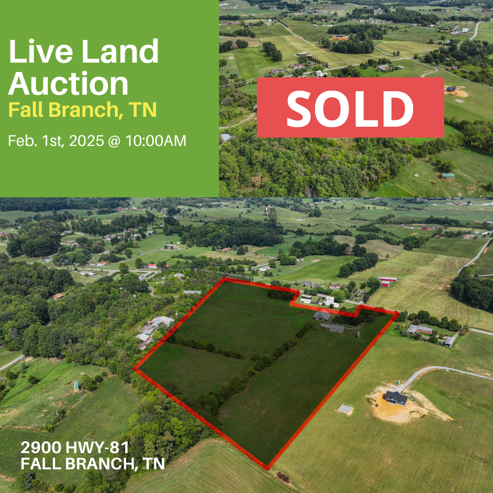 An advertisement for a live land auction in fall branch tn