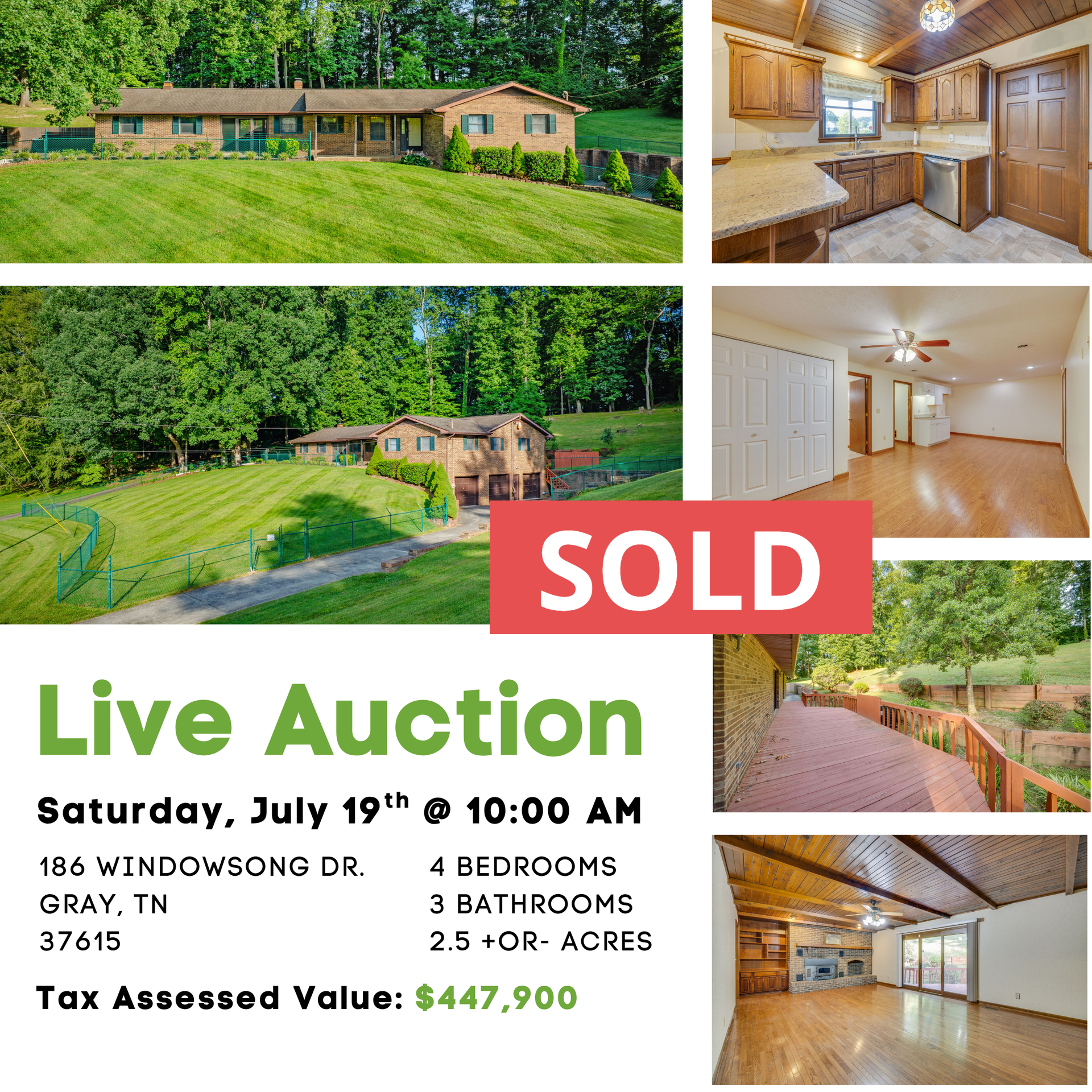 A poster for a live real estate auction on july 19th sold by Collins & Co.