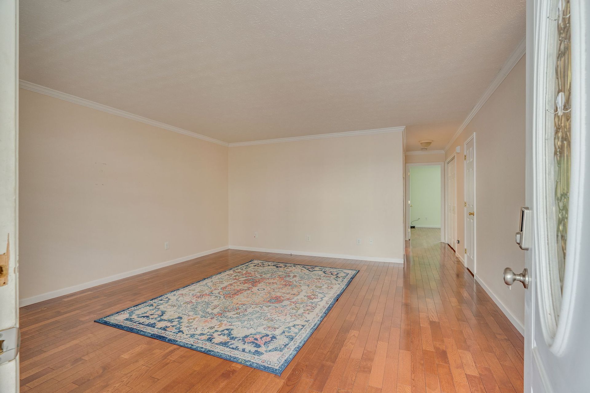 An empty living room with light-colored walls, wood floors, and a patterned area rug.