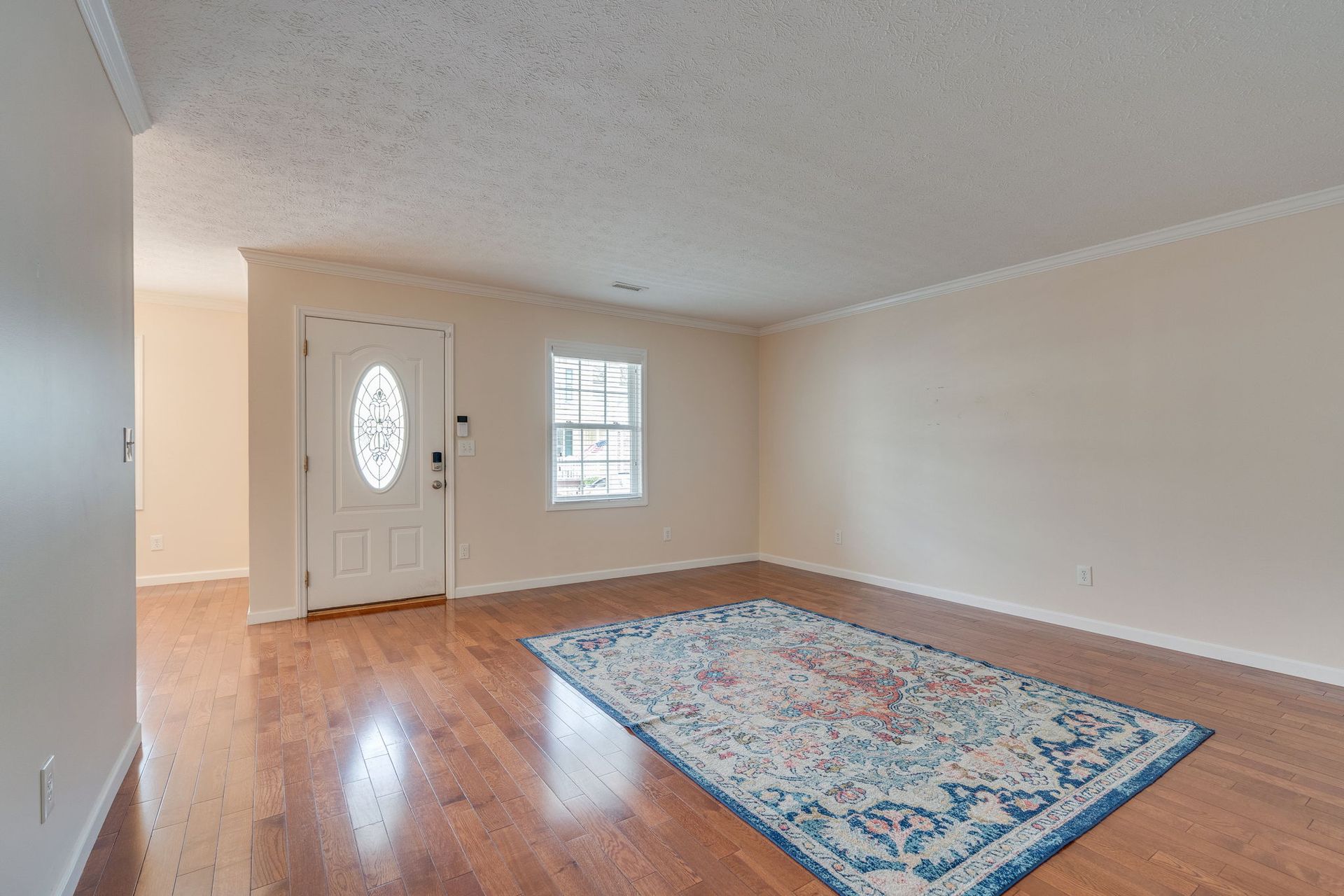 An empty living room with light beige walls, wood flooring, a decorative area rug, and a white front door.