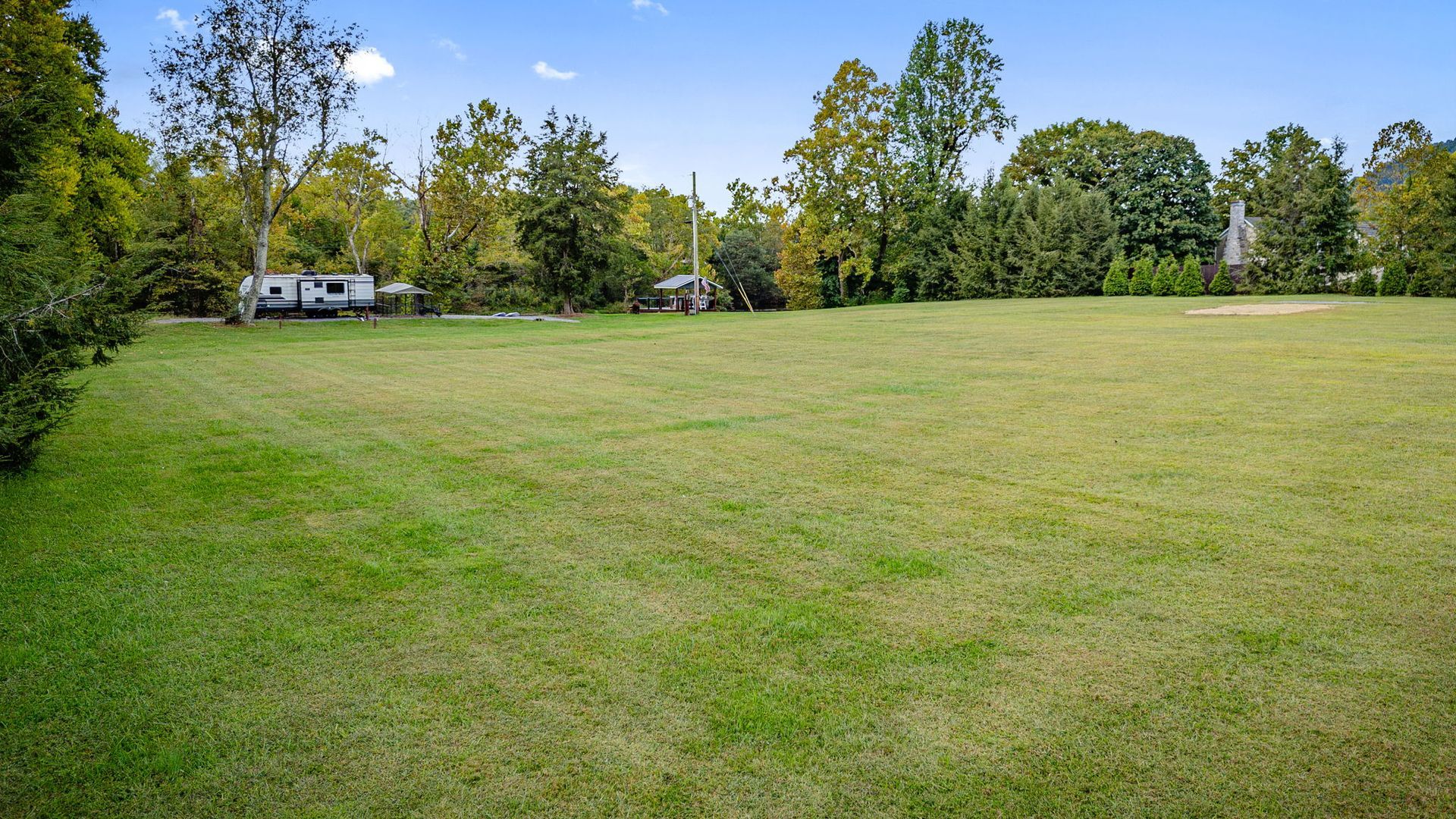 Green grassy field with trees in the background and a blue sky.