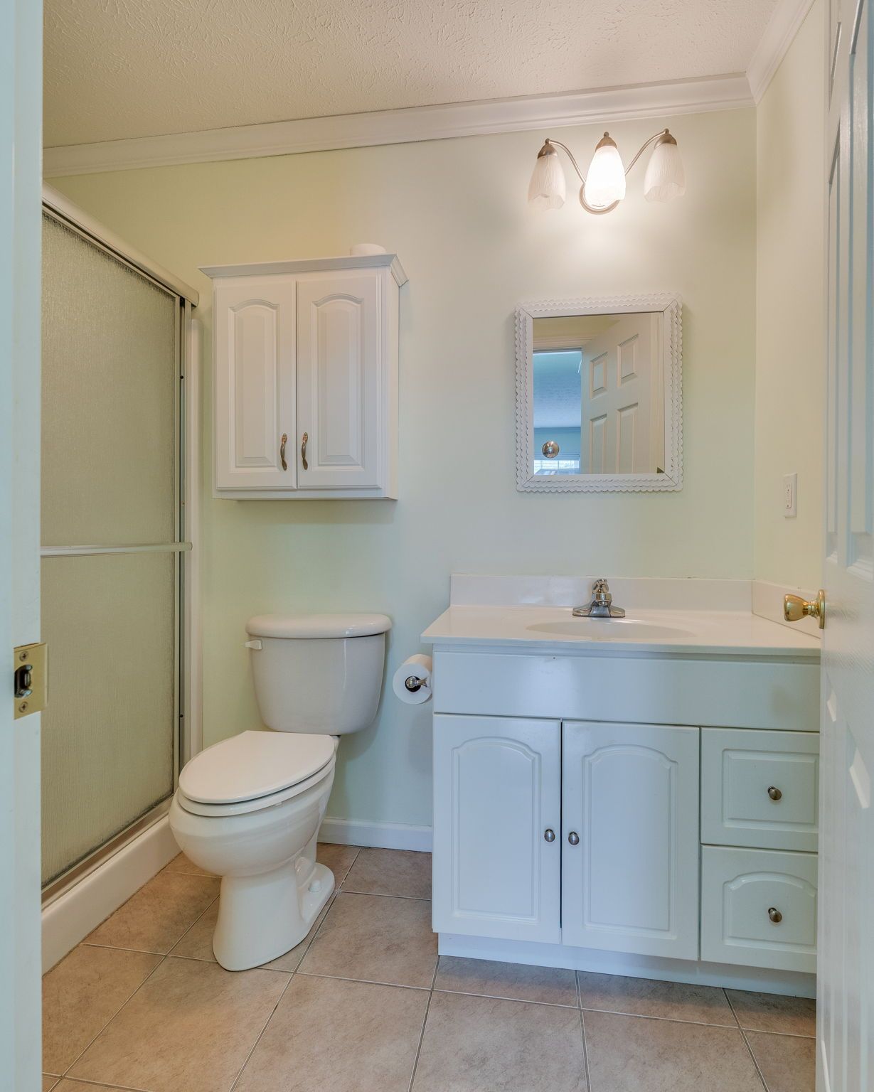 A light-walled bathroom featuring a walk-in shower, a toilet, and a white vanity cabinet with a sink and wall mirror.