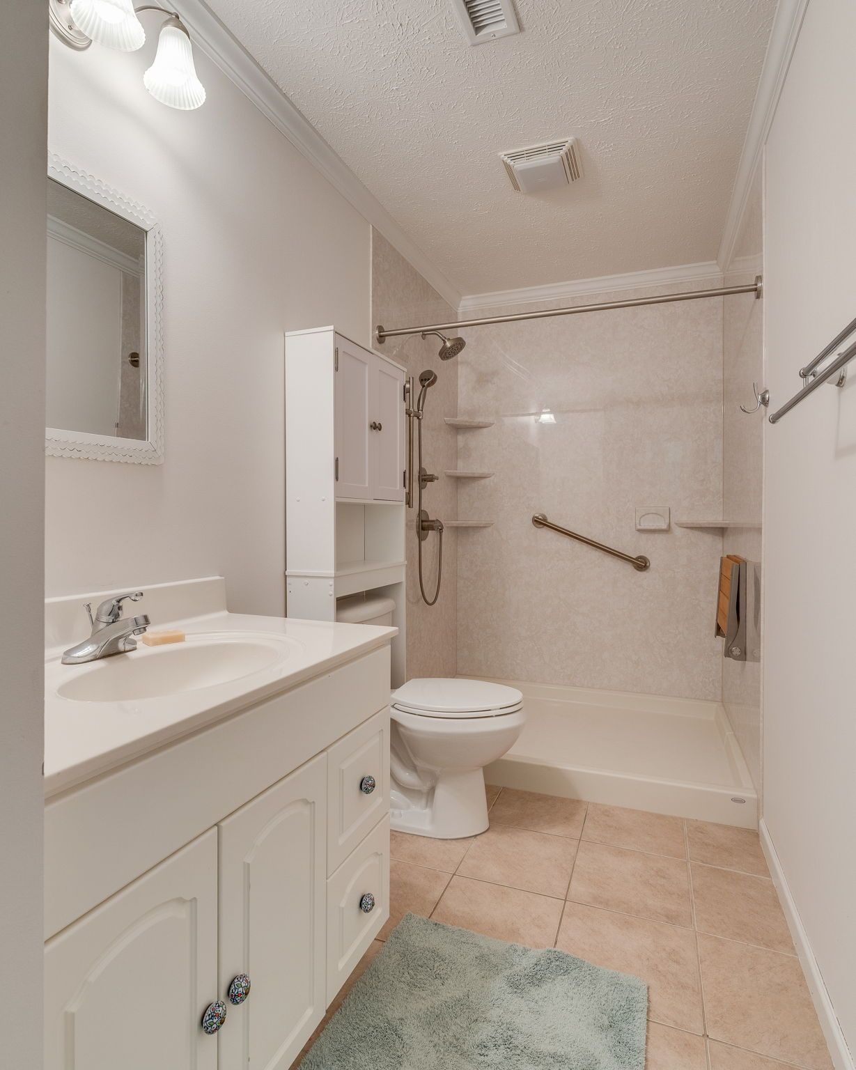 A bathroom with a white vanity sink, a toilet, and a walk-in shower with a grab bar and shelf unit.