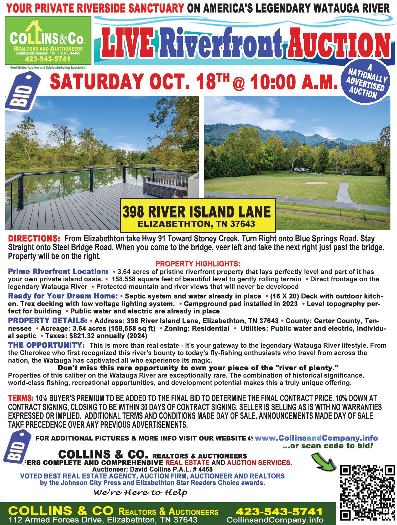 An auction advertisement for a riverside property. The text includes the auction details and location.