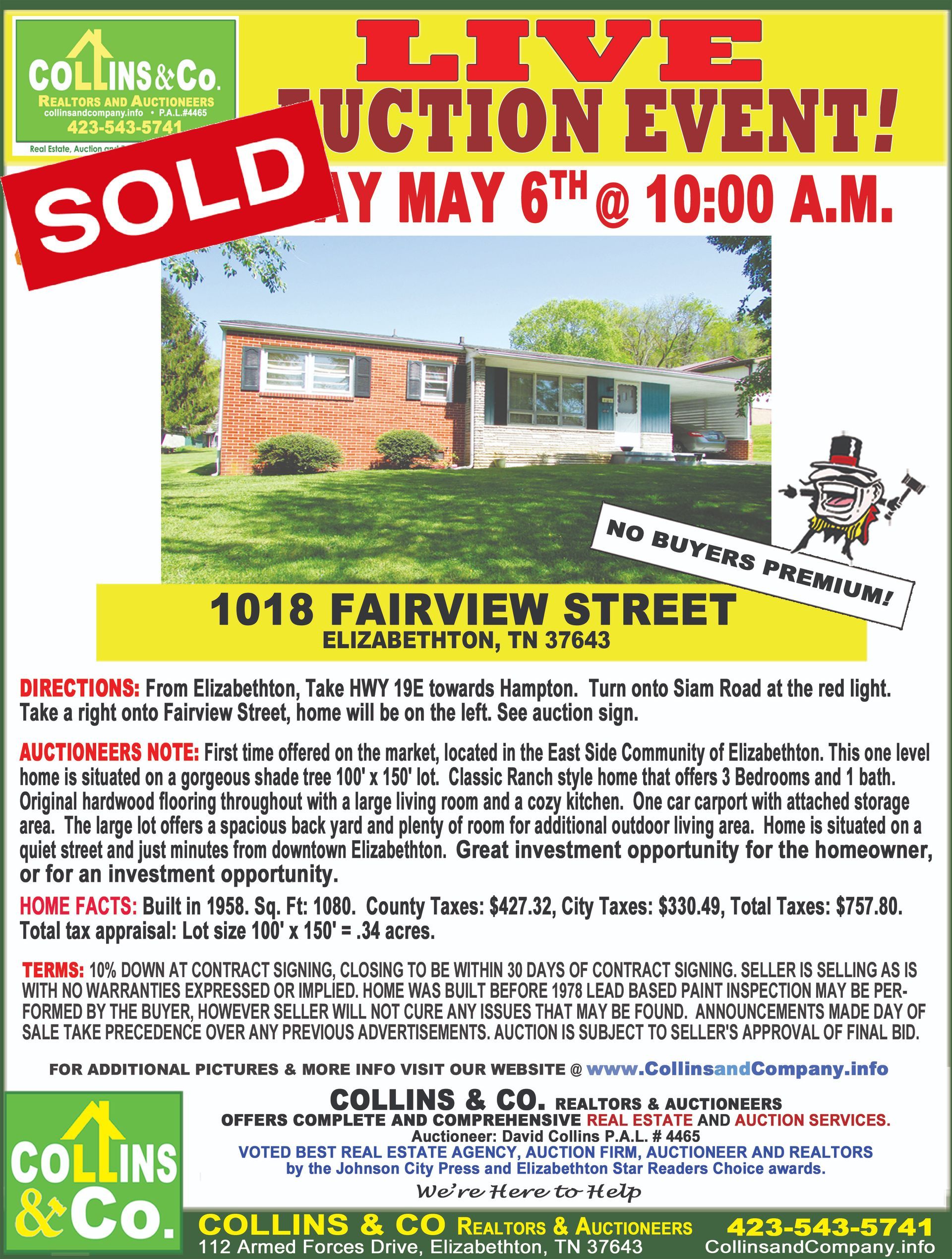 A poster for a live auction event on may 6th at 10:00 am