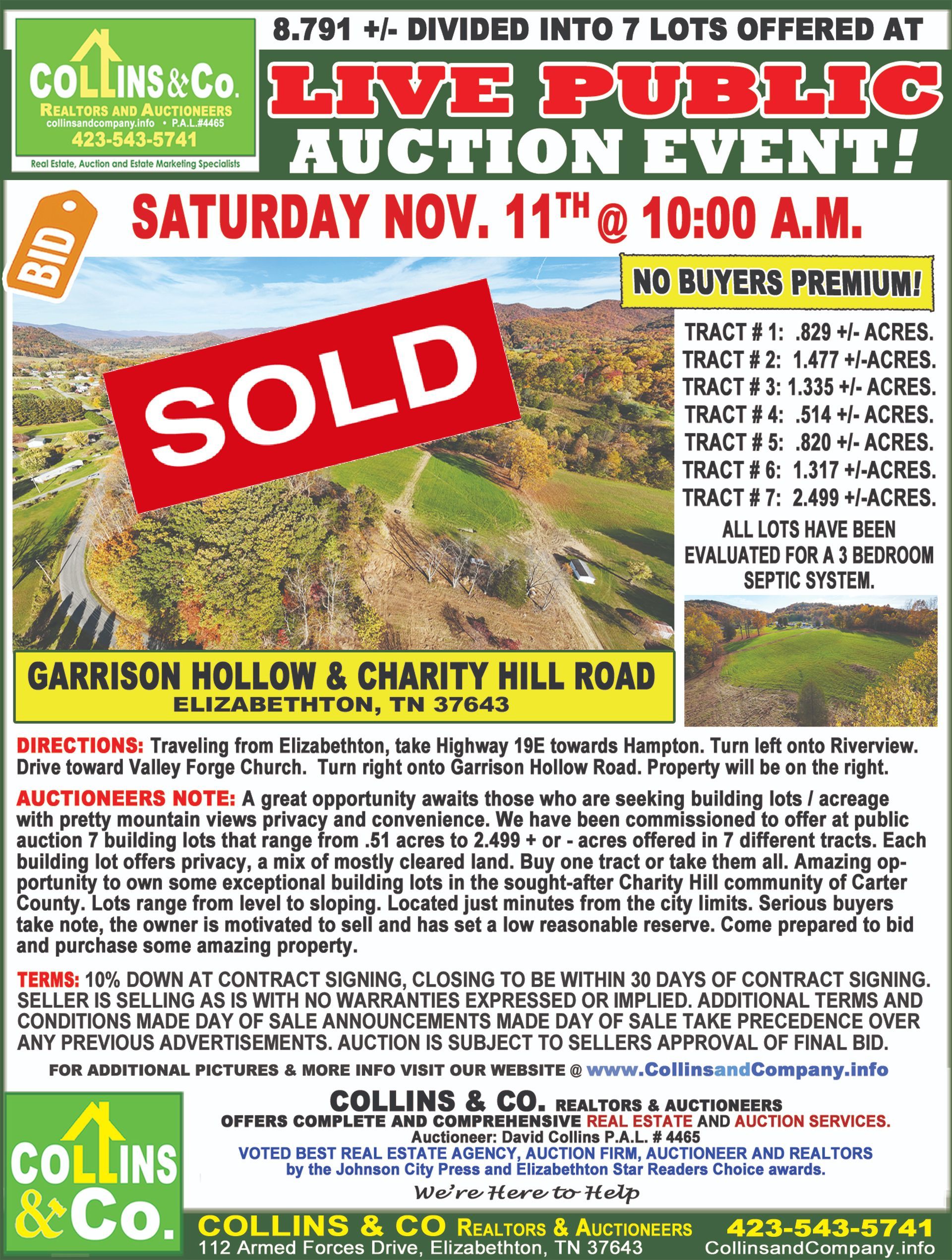 A poster for a live public auction event on saturday november 11th at 10:00 am