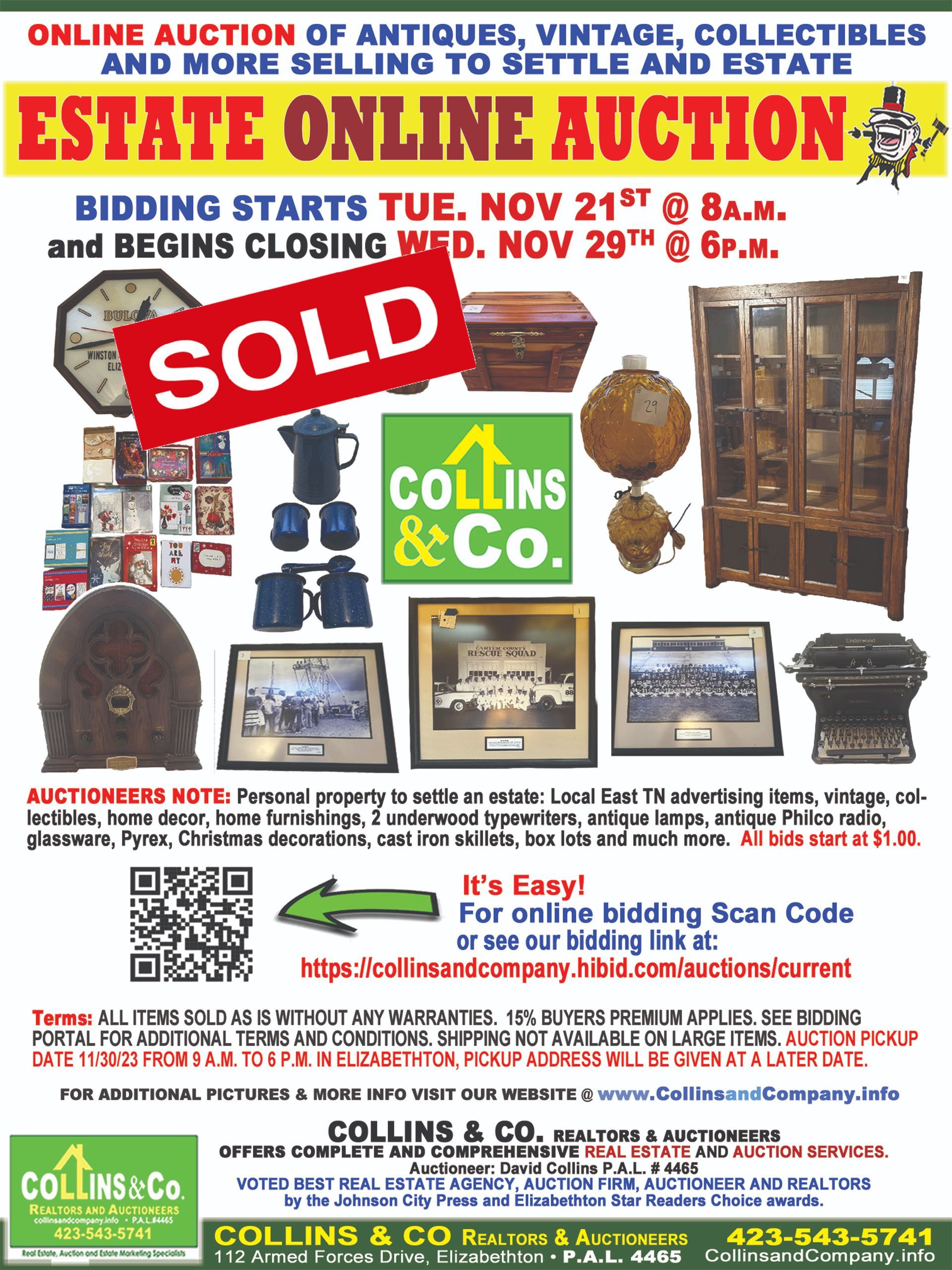 A poster for an online auction of antiques , vintage collectibles and more selling to settle and estate
