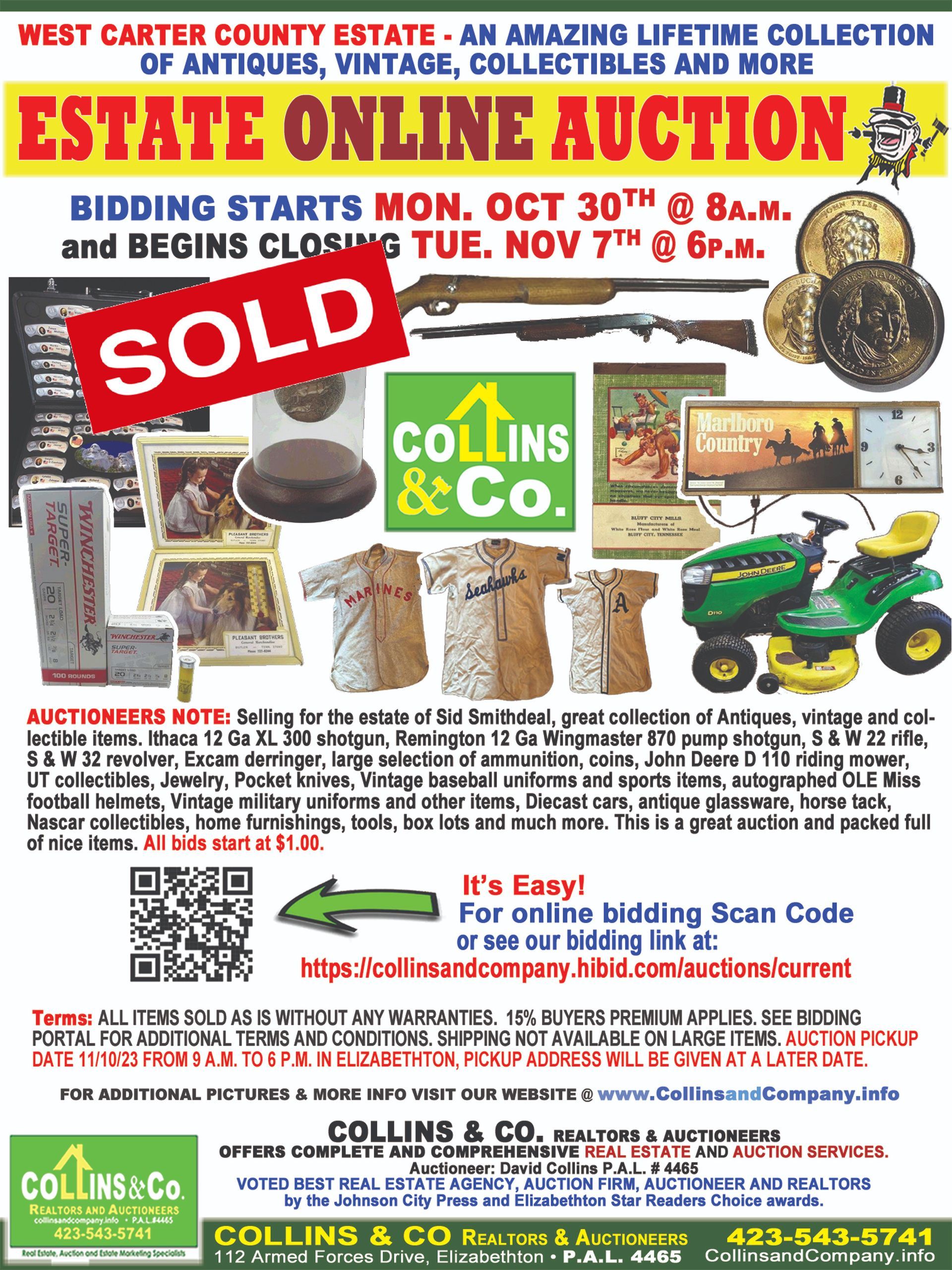 A poster for a estate online auction that is sold