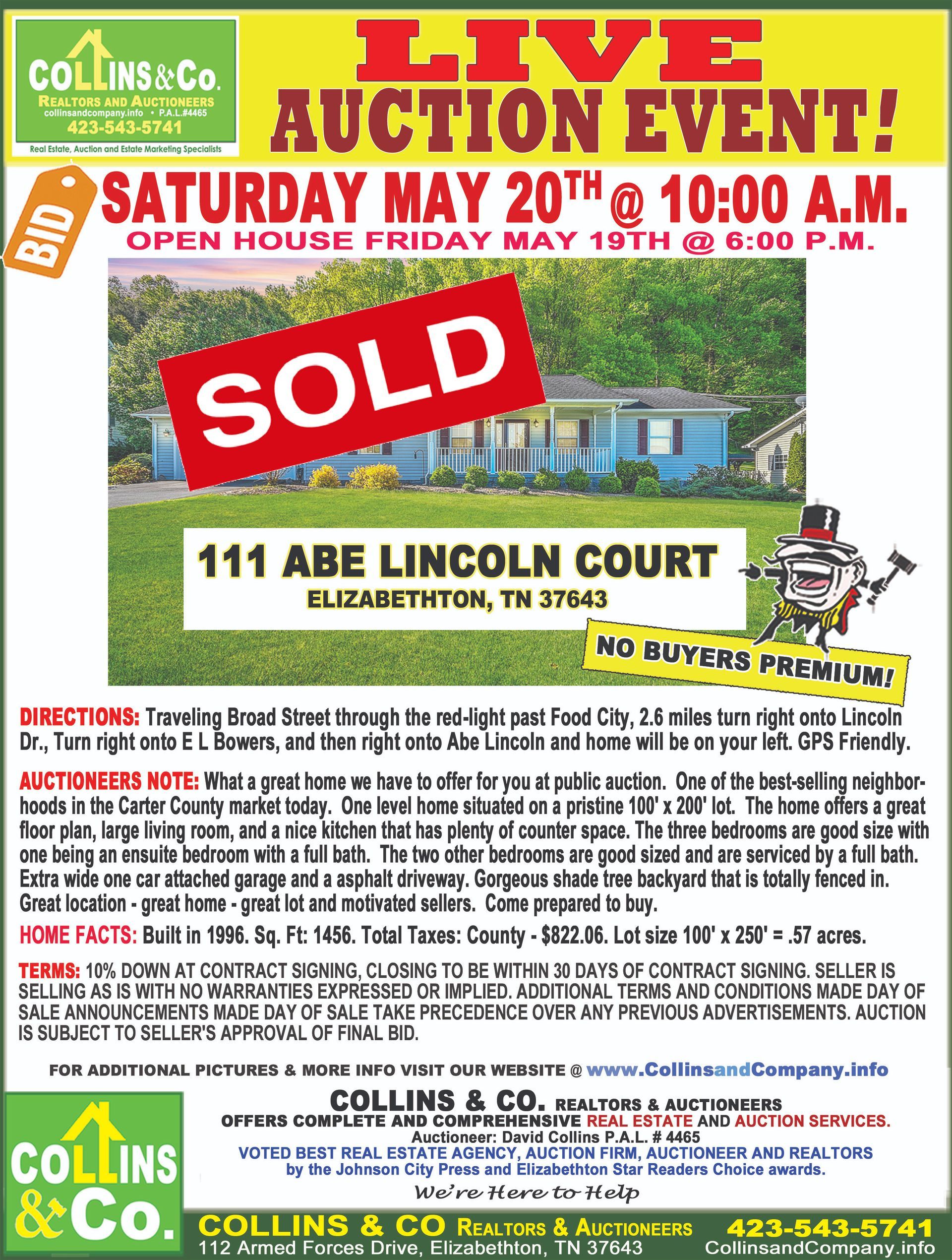 A poster for a live auction event on saturday may 20th at 10:00 a.m.