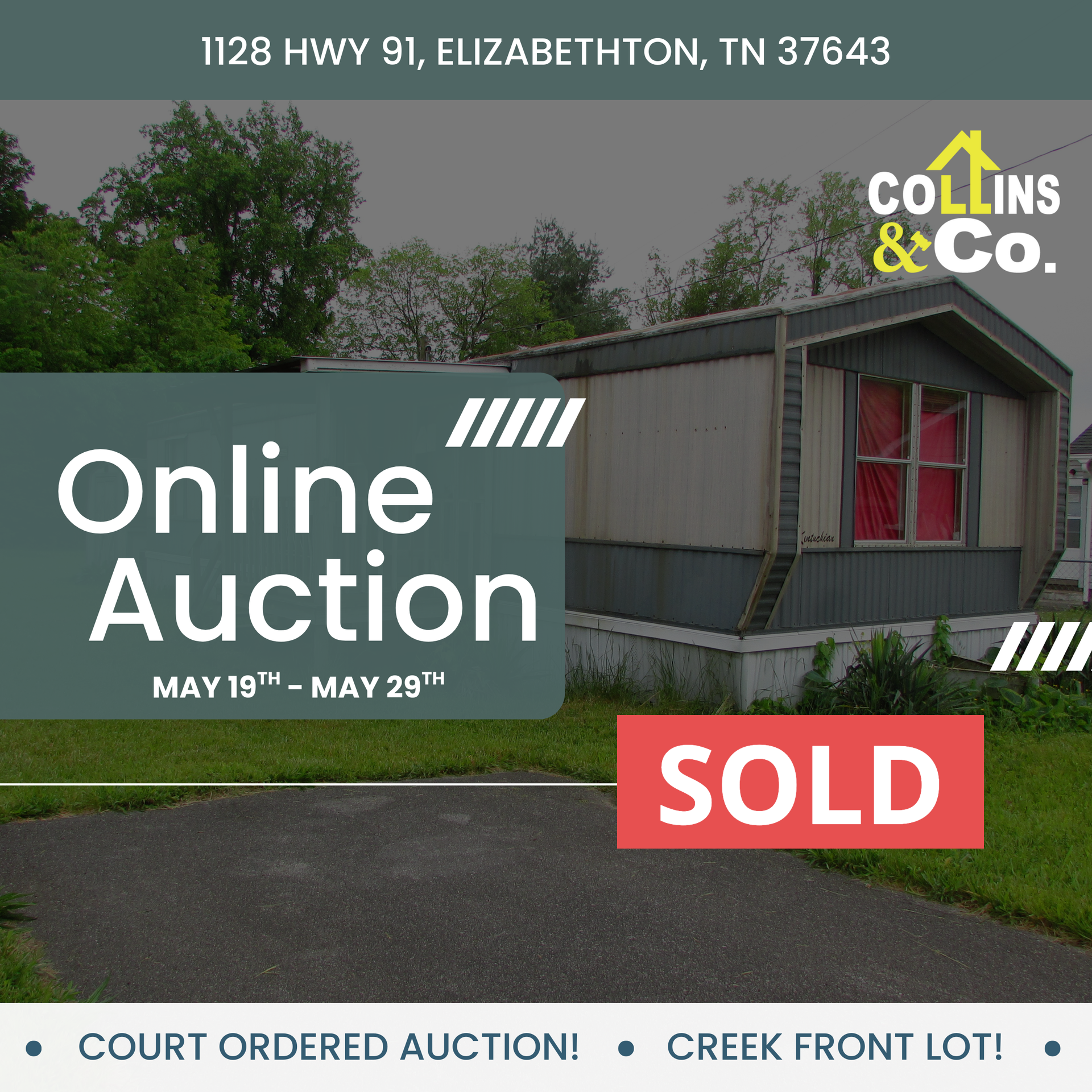 An advertisement for an online auction with a mobile home in the background