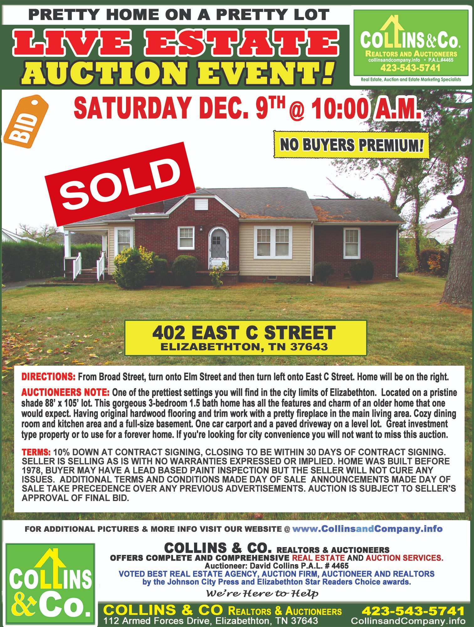 A flyer for a live estate auction on saturday december 9th
